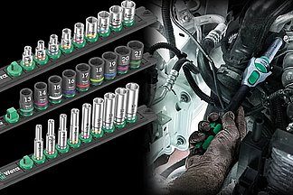 Magnetic socket rails (1/4", 3/8", 1/2") with manual and machine sockets. A smooth rotary mechanism ensures that the sockets are held securely and are easy to remove.